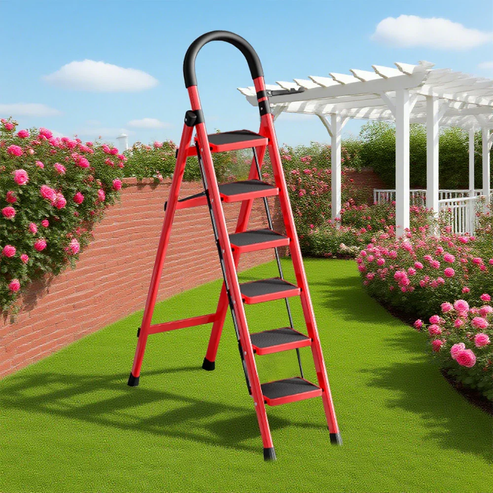 GROVIA 5/6 Step Lightweight Carbon Steel Ladder, Extra-Wide Pedals - Red - Image 7