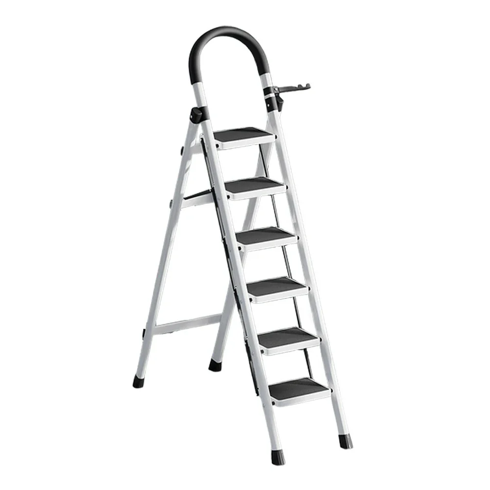 GROVIA 5/6 Step Lightweight Carbon Steel Ladder, Extra-Wide Pedals - White - Image 6