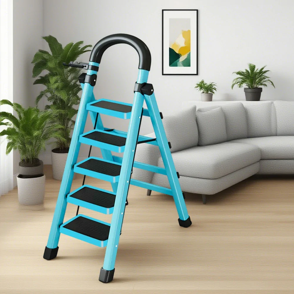 GROVIA 4/5/6 Step Carbon Alloy Steel Folding Ladder, Extra-Wide 27cm Pedals, Tool Tray, Anti-Slip Feet, Heavy-Duty Design - Blue - Image 7