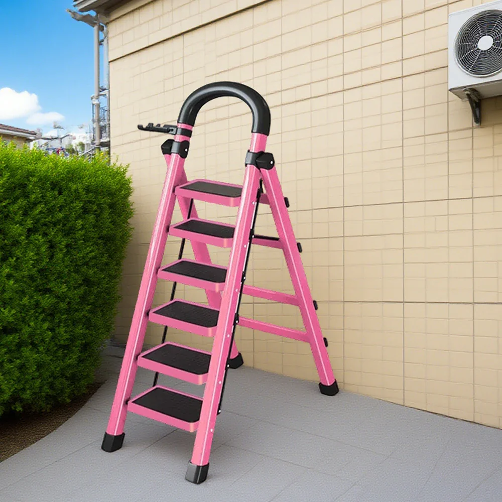 GROVIA 4/5/6 Step Carbon Alloy Steel Folding Ladder, Extra-Wide 27cm Pedals, Tool Tray, Anti-Slip Feet, Heavy-Duty Design - Pink - Image 12