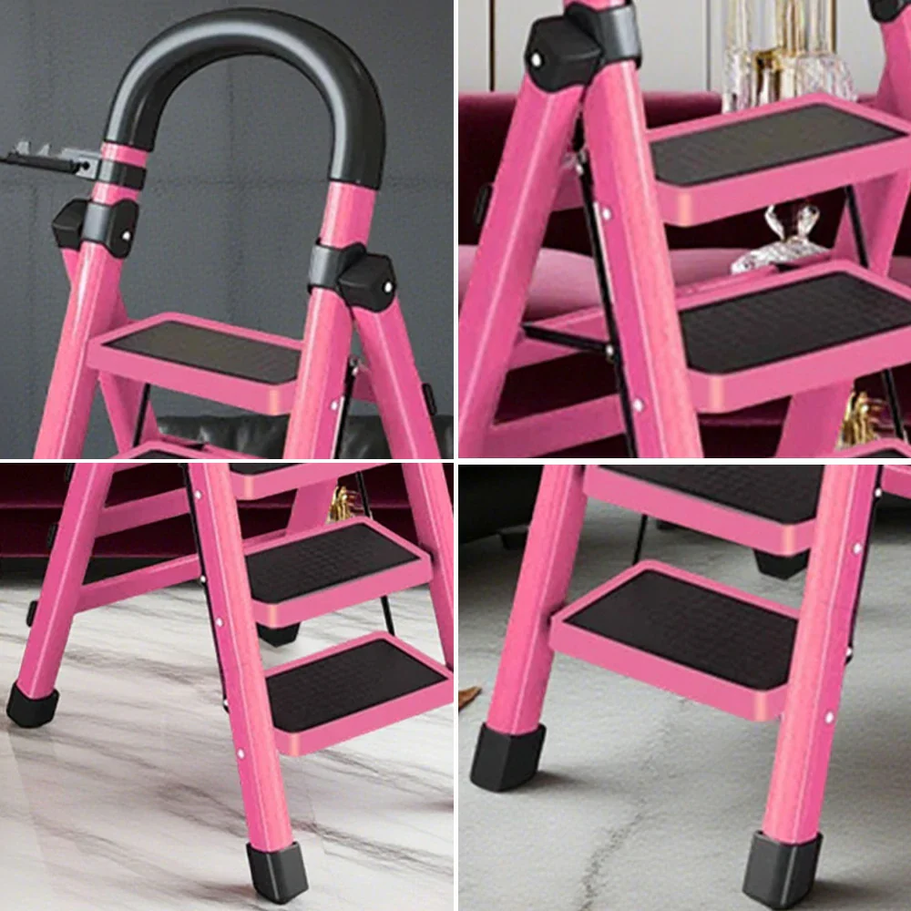 GROVIA 4/5/6 Step Carbon Alloy Steel Folding Ladder, Extra-Wide 27cm Pedals, Tool Tray, Anti-Slip Feet, Heavy-Duty Design - Pink - Image 3