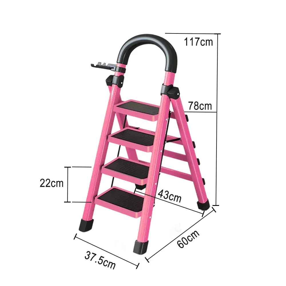 GROVIA 4/5/6 Step Carbon Alloy Steel Folding Ladder, Extra-Wide 27cm Pedals, Tool Tray, Anti-Slip Feet, Heavy-Duty Design - Pink - Image 5