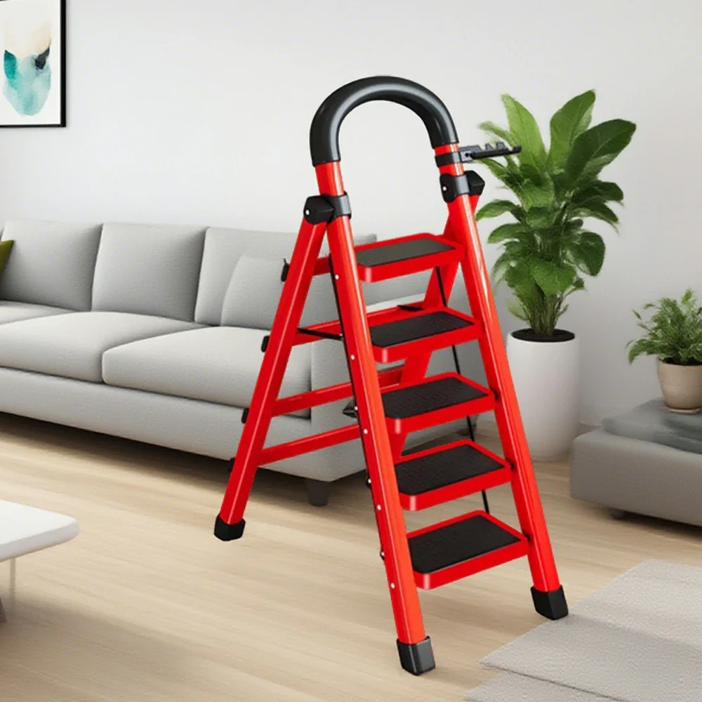 GROVIA 4/5/6 Step Carbon Alloy Steel Folding Ladder, Extra-Wide 27cm Pedals, Tool Tray, Anti-Slip Feet, Heavy-Duty Design - Red - Image 9