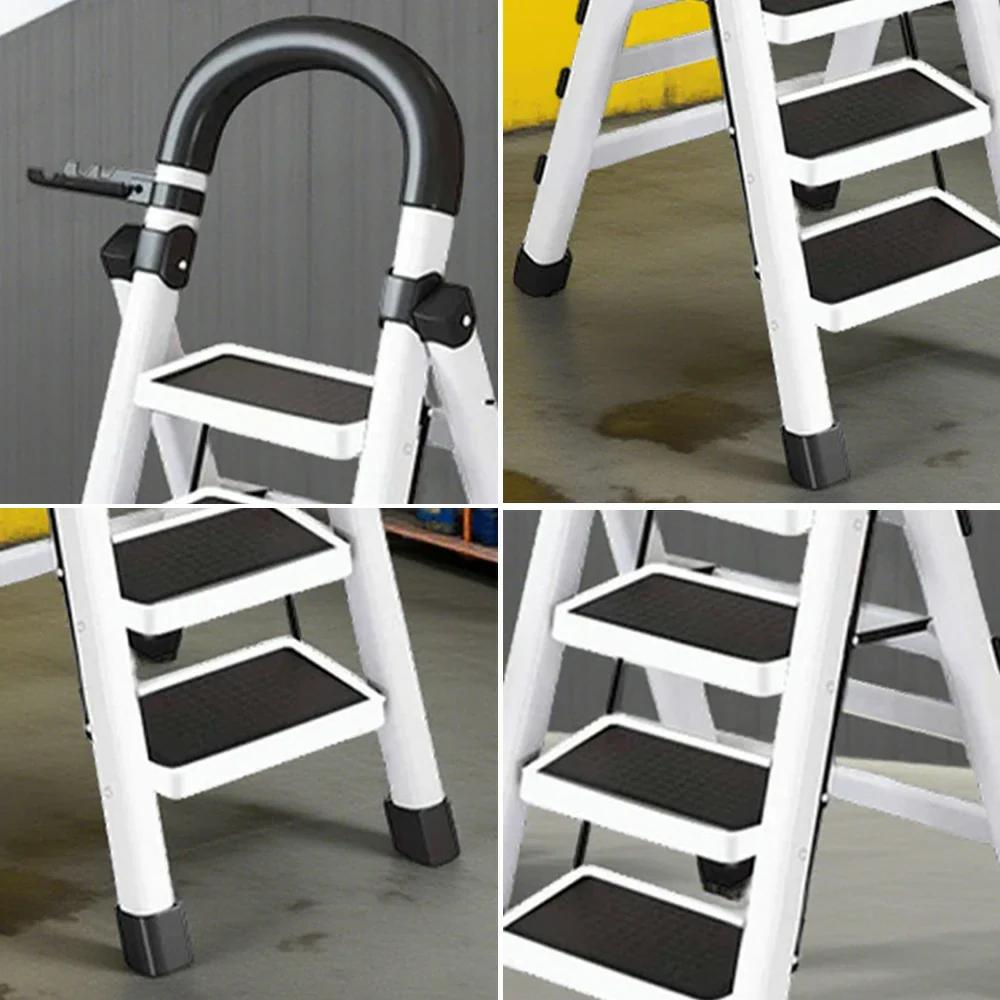 GROVIA 4/5/6 Step Carbon Alloy Steel Folding Ladder, Extra-Wide 27cm Pedals, Tool Tray, Anti-Slip Feet, Heavy-Duty Design - White - Image 3