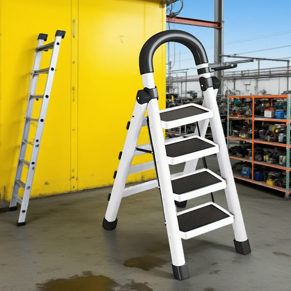 GROVIA 4/5/6 Step Carbon Alloy Steel Folding Ladder, Extra-Wide 27cm Pedals, Tool Tray, Anti-Slip Feet, Heavy-Duty Design - White - Image 4