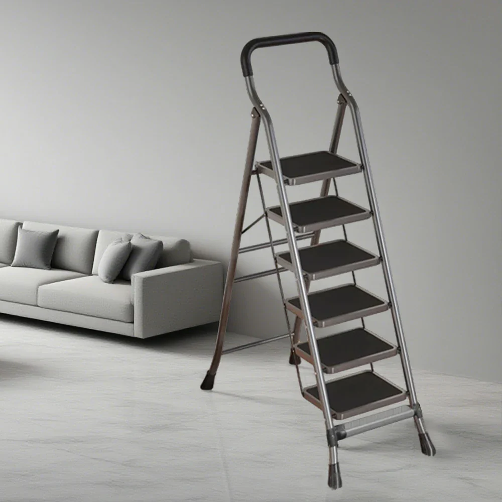 GROVIA 4/5/6-Step Carbon Steel Folding Ladder - 7cm Slim Design, 26cm Wide Non-Slip Pedal, Anti-Slip Feet - Gray - Image 14