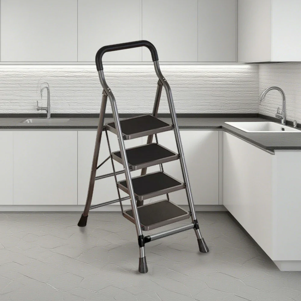 GROVIA 4/5/6-Step Carbon Steel Folding Ladder - 7cm Slim Design, 26cm Wide Non-Slip Pedal, Anti-Slip Feet - Gray - Image 4
