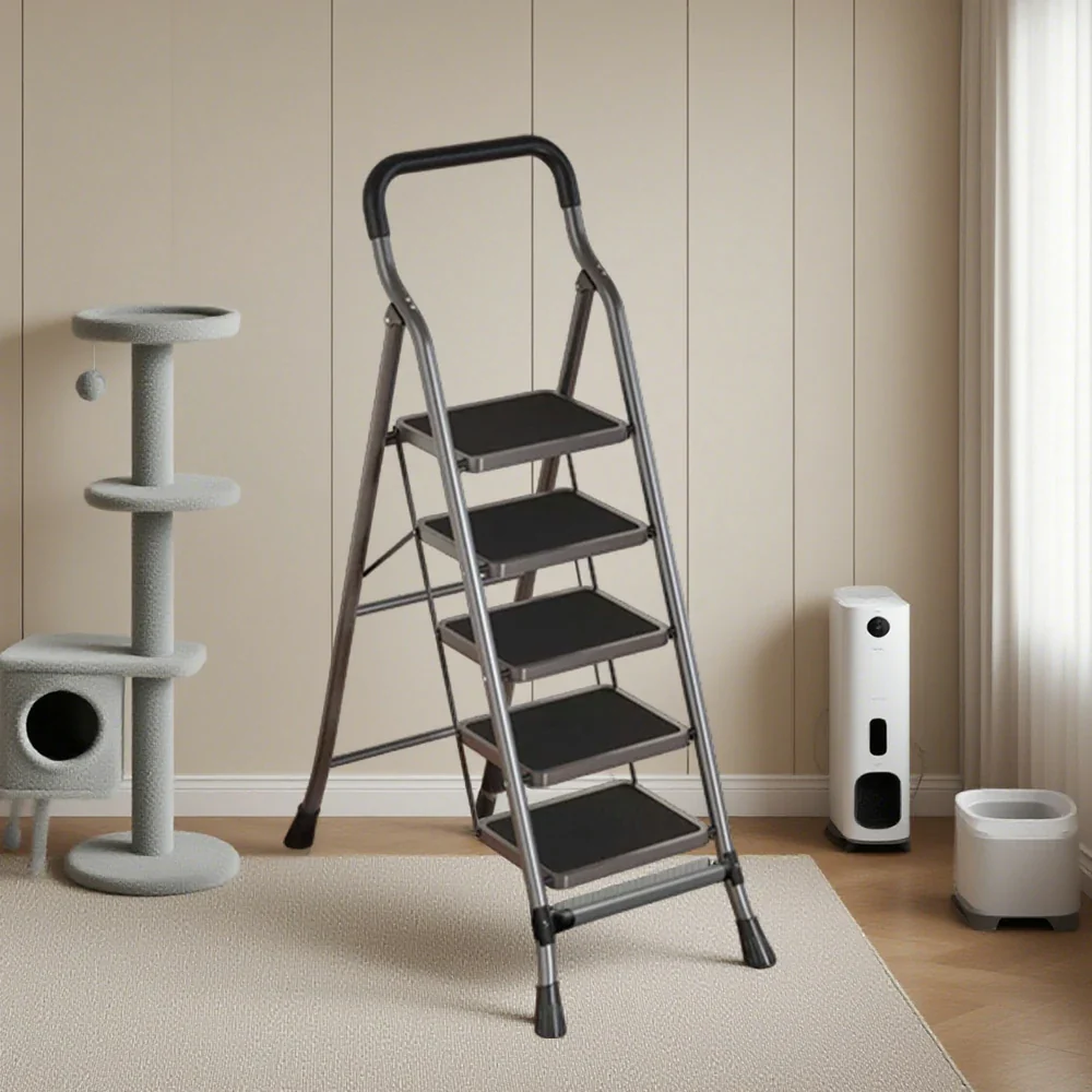 GROVIA 4/5/6-Step Carbon Steel Folding Ladder - 7cm Slim Design, 26cm Wide Non-Slip Pedal, Anti-Slip Feet - Gray - Image 9