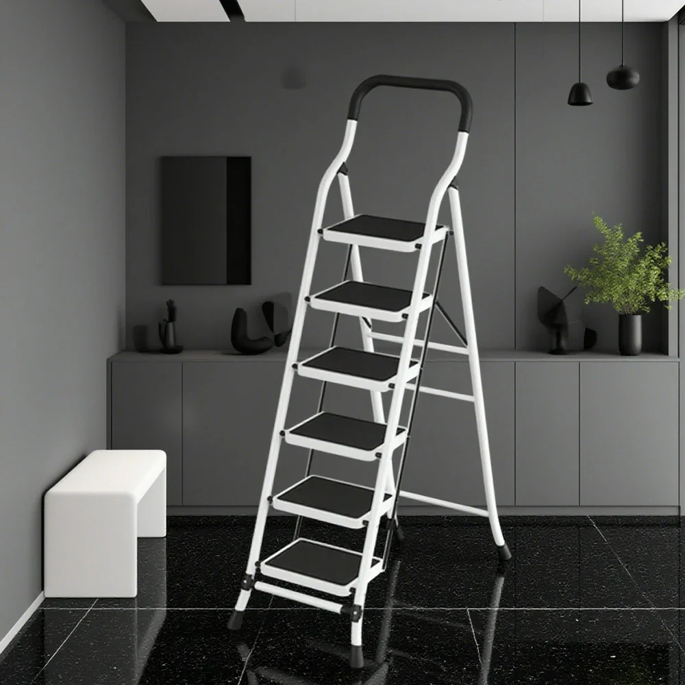 GROVIA 4/5/6-Step Carbon Steel Slim Folding Ladder - 7cm Thick, 26cm Non-Slip Pedal, Stable Anti-Slip Feet - White - Image 12
