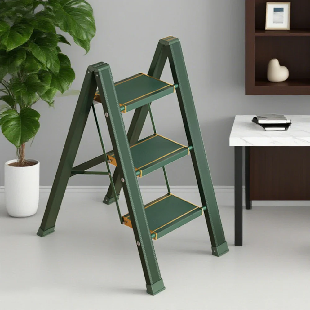GROVIA 3/4 Step Aluminium Folding Ladder - 28cm Wide Pedals, 150kg Capacity, Folded Size 4.5cm, Anti-Slip Base - Green - Image 4