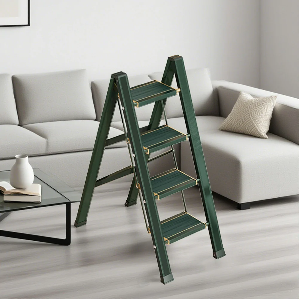 GROVIA 3/4 Step Aluminium Folding Ladder - 28cm Wide Pedals, 150kg Capacity, Folded Size 4.5cm, Anti-Slip Base - Green - Image 9