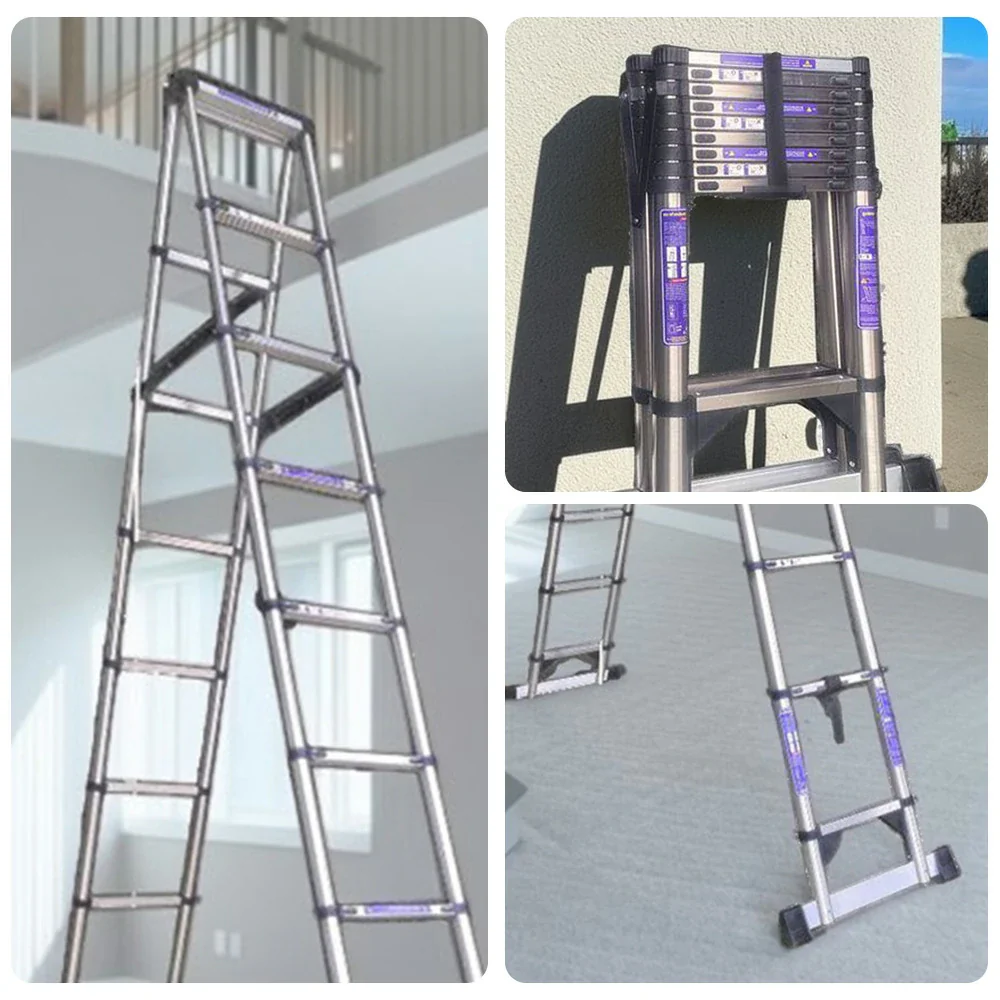 GROVIA Stainless Steel A-Frame Telescopic Ladder 7/10 Step - Heavy-Duty, Anti-Slip, Foldable & Space-Saving Design - Image 8