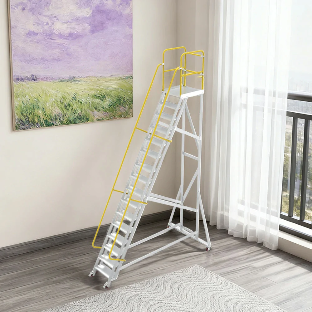 GROVIA Aluminium Platform Ladder 14/16/18 Step - Heavy-Duty Safety Rail, Anti-Slip Steps & Lockable Wheels - Image 7