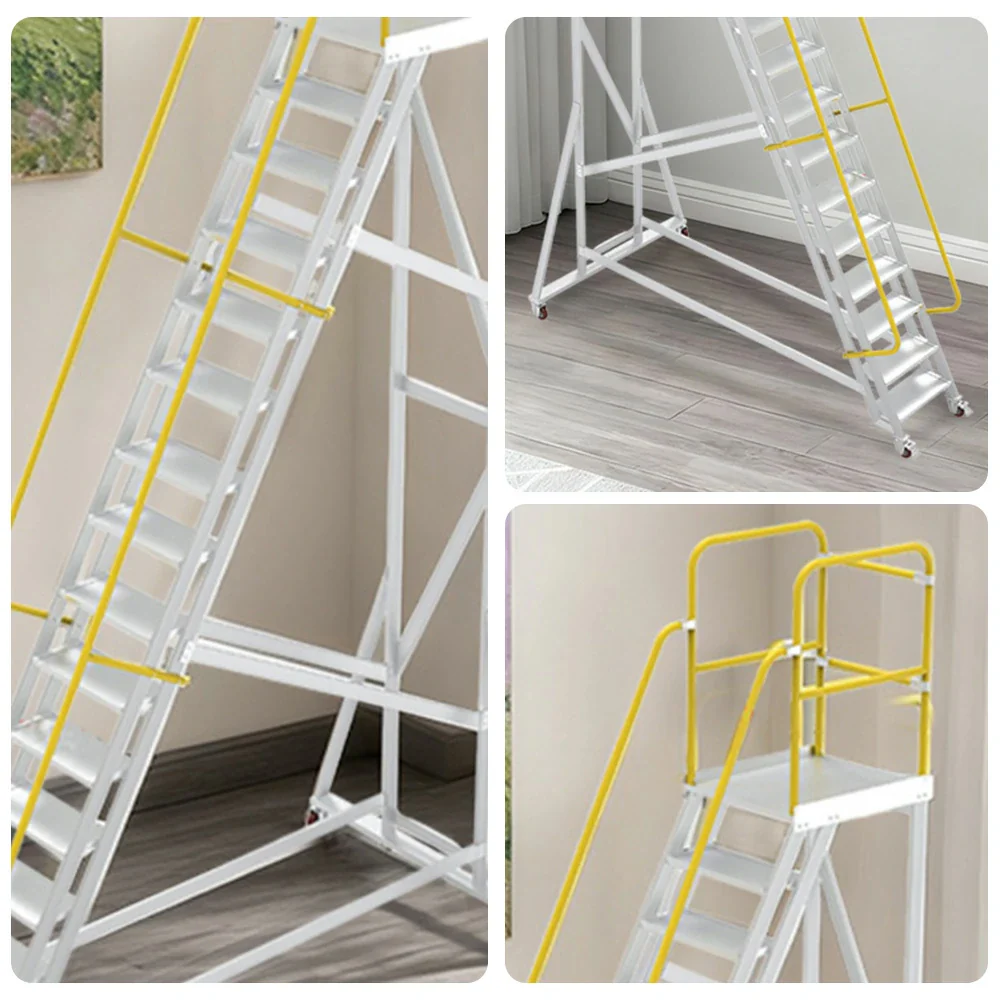 GROVIA Aluminium Platform Ladder 14/16/18 Step - Heavy-Duty Safety Rail, Anti-Slip Steps & Lockable Wheels - Image 8