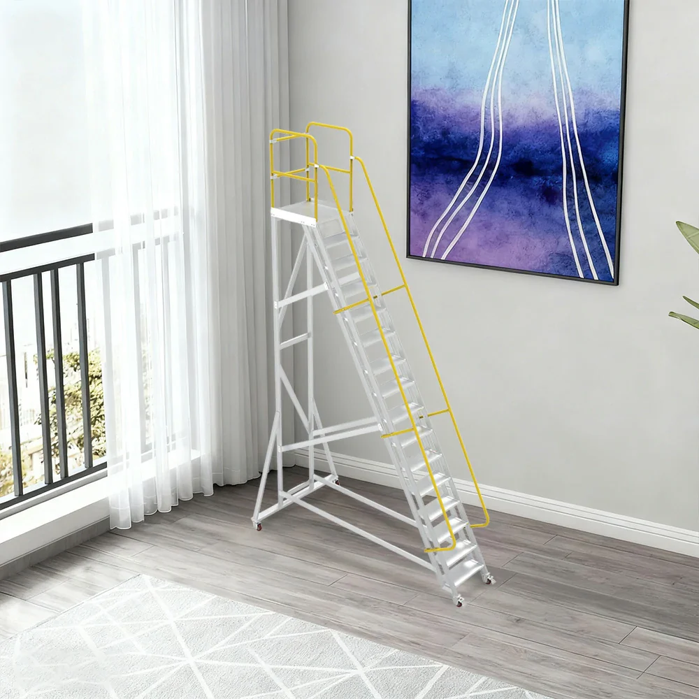 GROVIA Aluminium Platform Ladder 14/16/18 Step - Heavy-Duty Safety Rail, Anti-Slip Steps & Lockable Wheels - Image 9