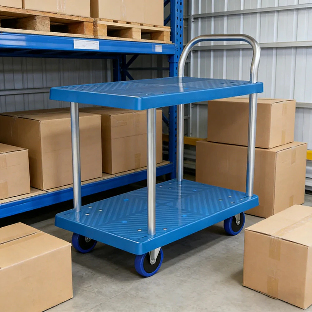 GROVIA Heavy-Duty Double Deck Platform Trolley - 73/90cm, Single Handle, Quiet TPR Wheels, 200/350kg Load Capacity - Blue - Image 4
