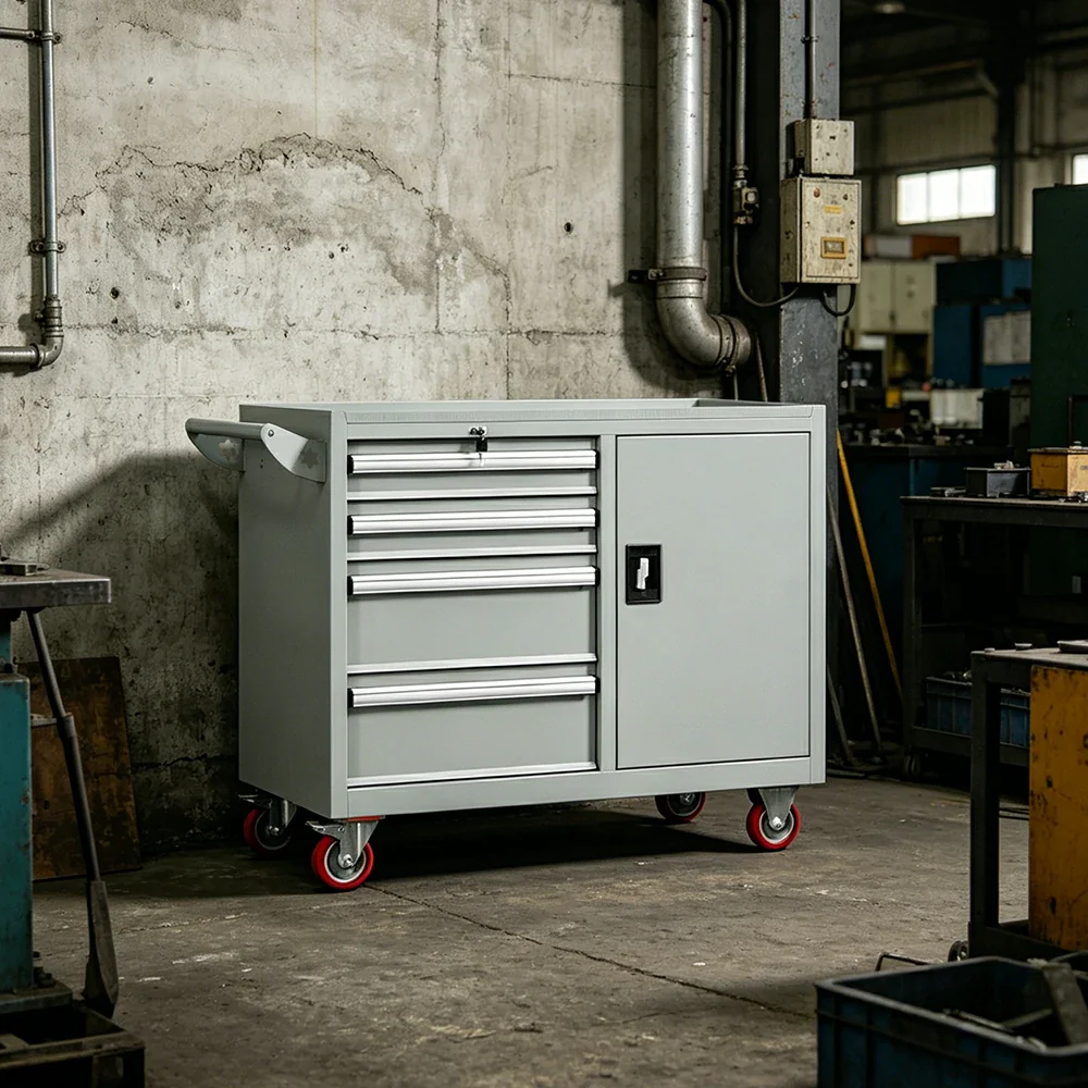 GROVIA Heavy Duty Tool Cart with 4 Drawers and Cabinet Door for Garage Workshop - Grey - Image 5
