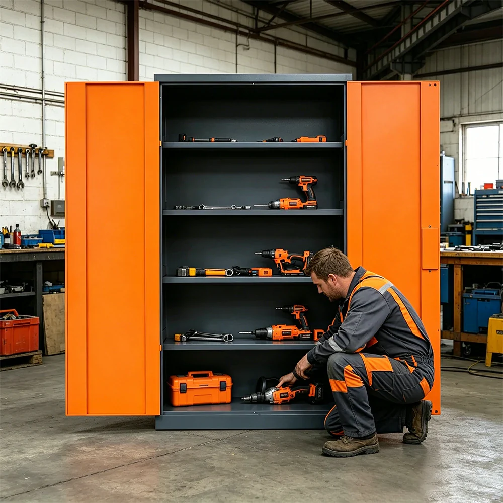 GROVIA Multifunction Tool Cabinet - 4 Inner Shelves No Mesh Door for Garage Workshop - Orange Grey - Image 6