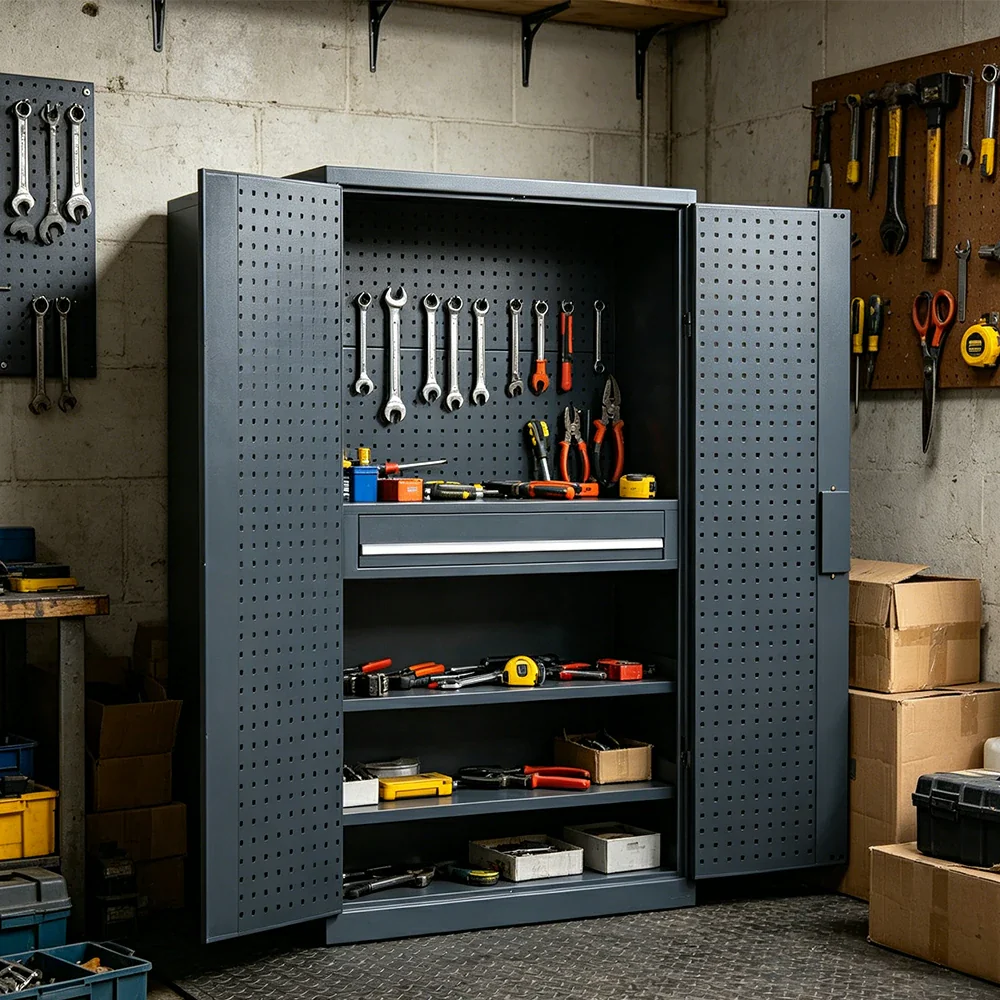 GROVIA Multi-Function Tool Cabinet with Drawer and Mesh Panel for Garage Workshop - Industrial Grey - Image 2