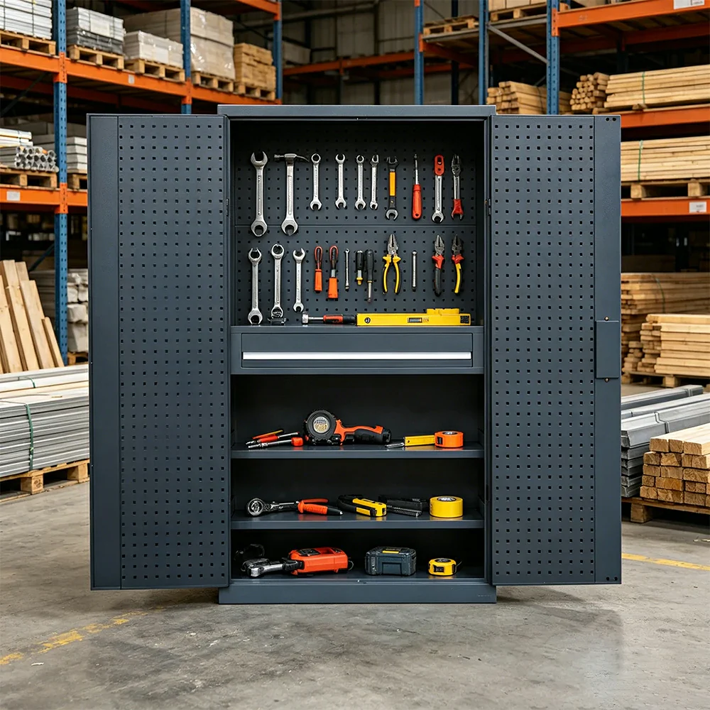 GROVIA Multi-Function Tool Cabinet with Drawer and Mesh Panel for Garage Workshop - Industrial Grey - Image 4