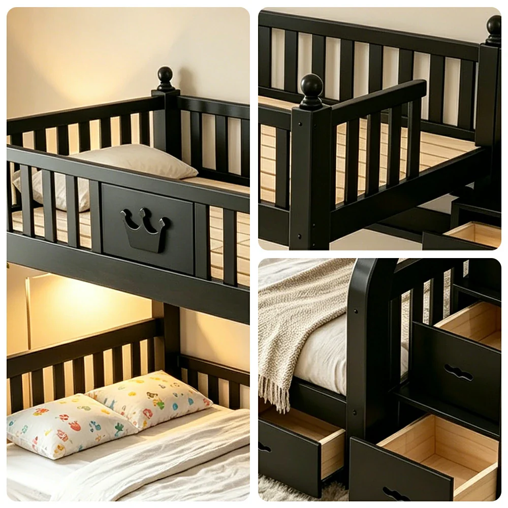LIVARA 1.5m Solid Wood Bunk Bed - Storage Staircase, Study Desk, Single Upper Bed, Kids Bedroom - Black - Image 3