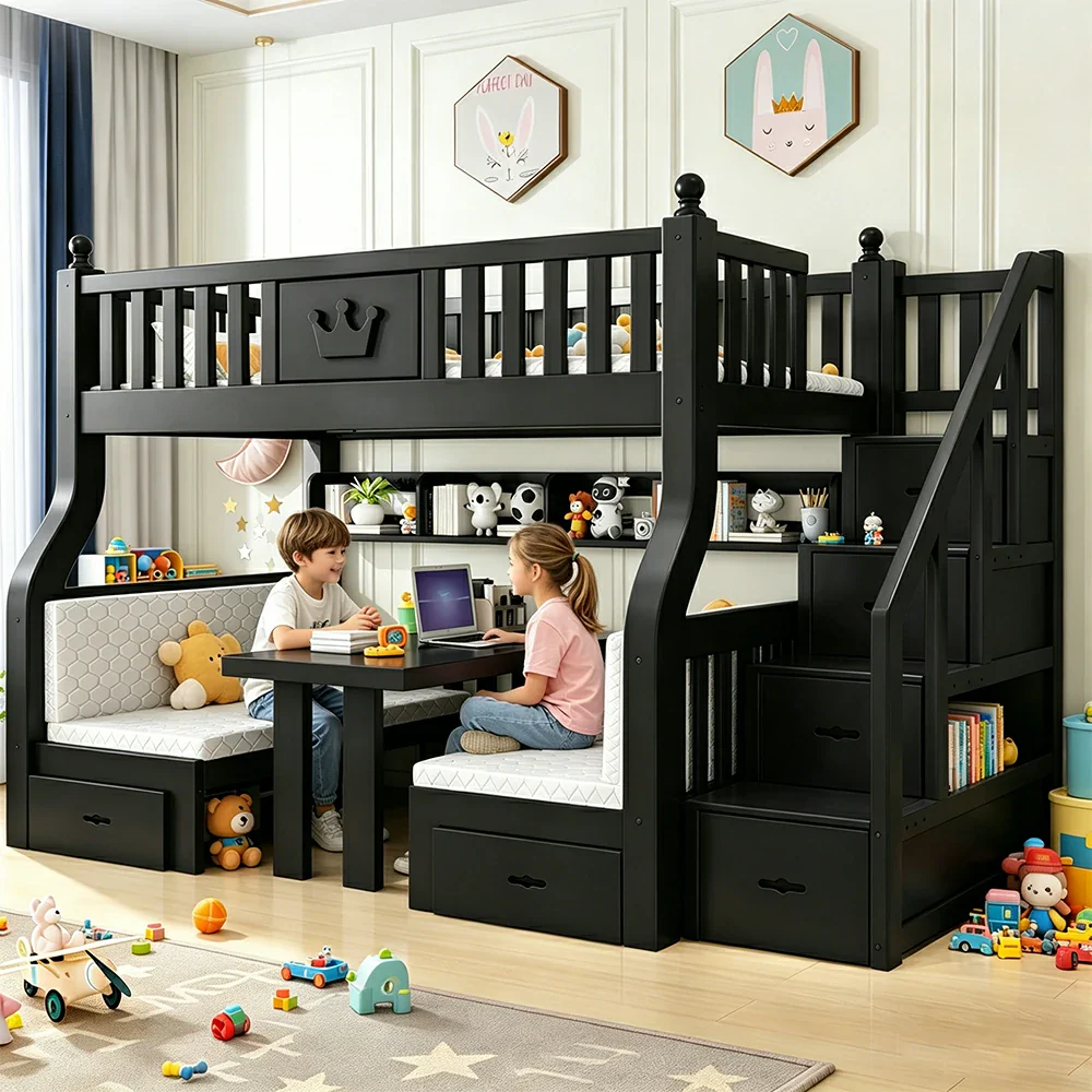 LIVARA 1.5m Solid Wood Bunk Bed - Storage Staircase, Study Desk, Single Upper Bed, Kids Bedroom - Black - Image 6