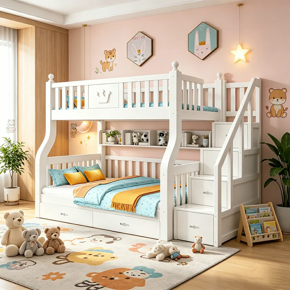 LIVARA 1.5m Solid Wood Bunk Bed - Storage Staircase, Study Desk, Single Upper Bed, Kids Bedroom - White - Image 2