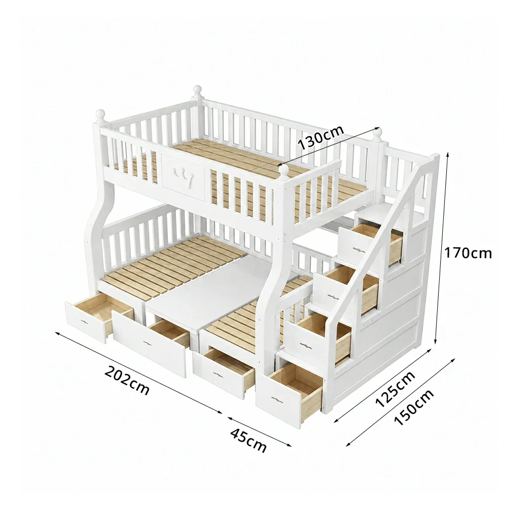 LIVARA 1.5m Solid Wood Bunk Bed - Storage Staircase, Study Desk, Single Upper Bed, Kids Bedroom - White - Image 6