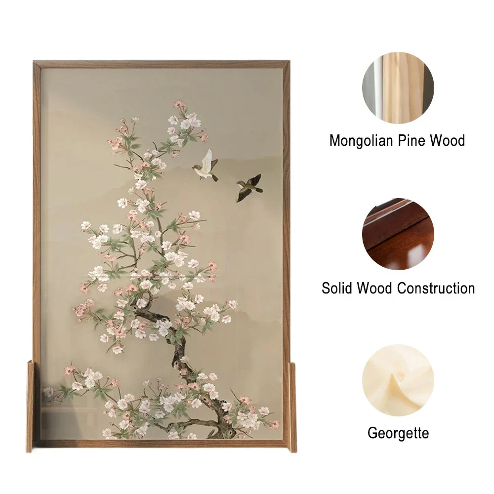 LIVARA Asian Style Solid Wood Room Divider, Floral & Bird Design, No Cutout, Ash Wood & Mongolian Pine Frame, Elegant Home Decor - Image 3