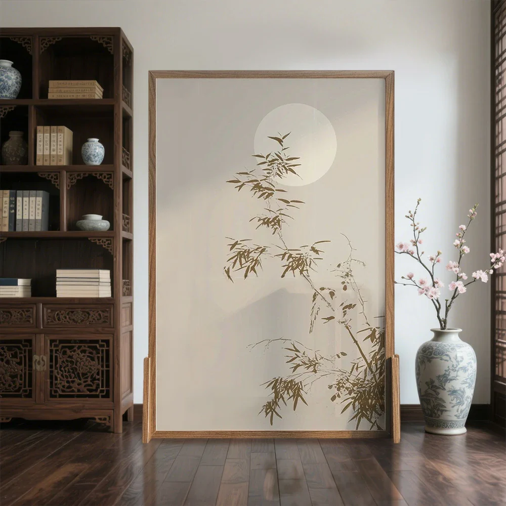 LIVARA Asian Style Solid Wood Privacy Screen, Moonlit Bamboo Shadow Design, No Cutout, Ash & Mongolian Pine Frame - Image 4