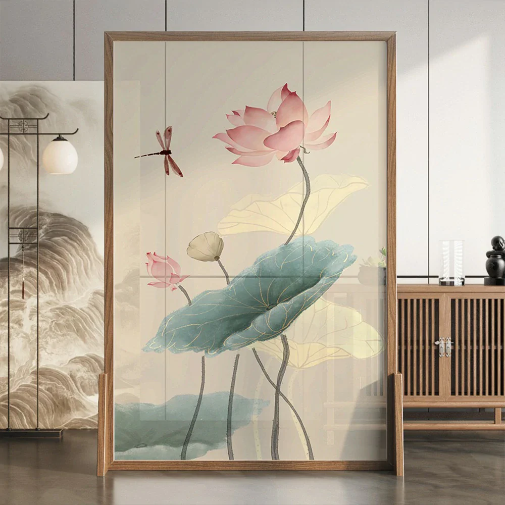 LIVARA Oriental Style Solid Wood Room Divider, Lotus Flower & Dragonfly Design, Ash Wood & Mongolian Pine Frame, Elegant Home Decor - Image 2