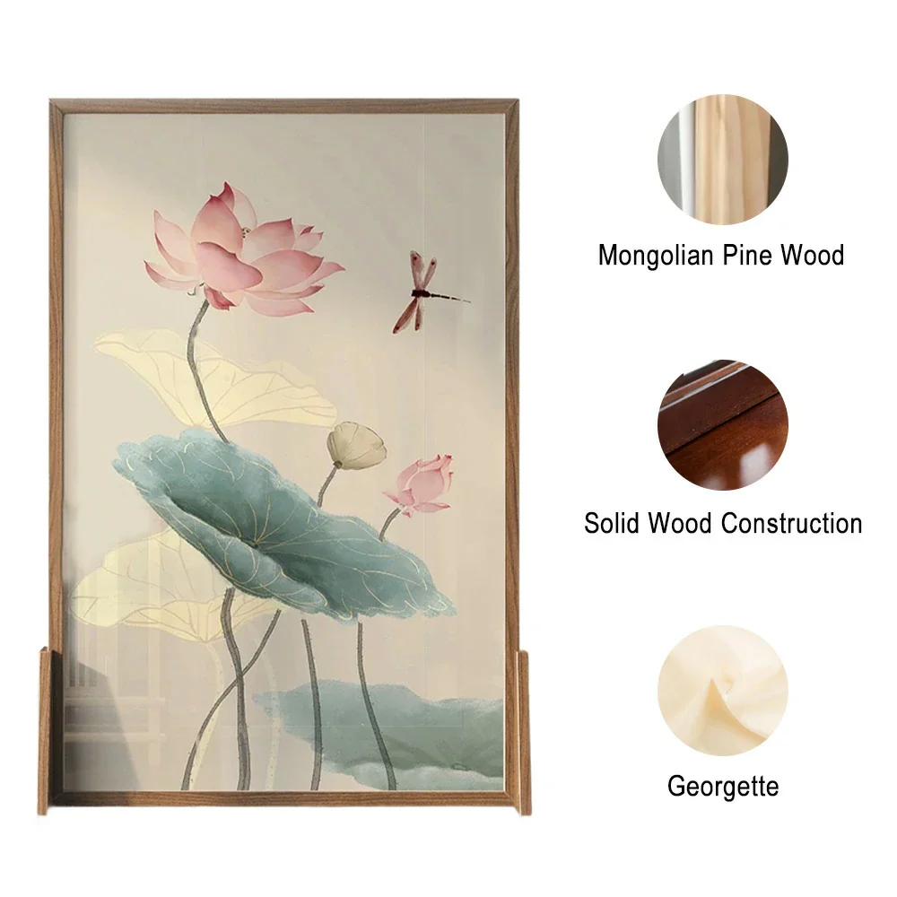 LIVARA Oriental Style Solid Wood Room Divider, Lotus Flower & Dragonfly Design, Ash Wood & Mongolian Pine Frame, Elegant Home Decor - Image 3