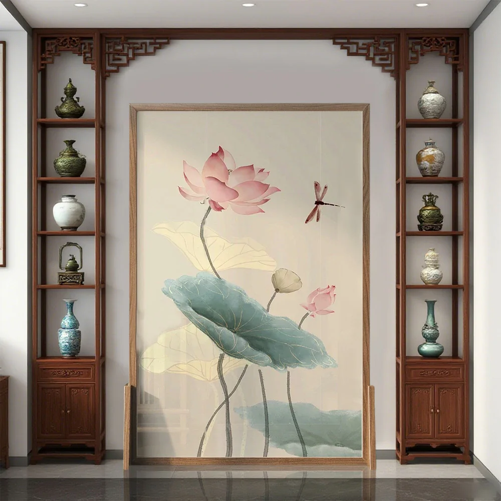 LIVARA Oriental Style Solid Wood Room Divider, Lotus Flower & Dragonfly Design, Ash Wood & Mongolian Pine Frame, Elegant Home Decor - Image 4