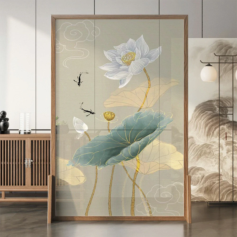 LIVARA Oriental Style Solid Wood Room Divider, Lotus & Fish Design, No Cutout, Ash Wood & Mongolian Pine Frame - Image 2