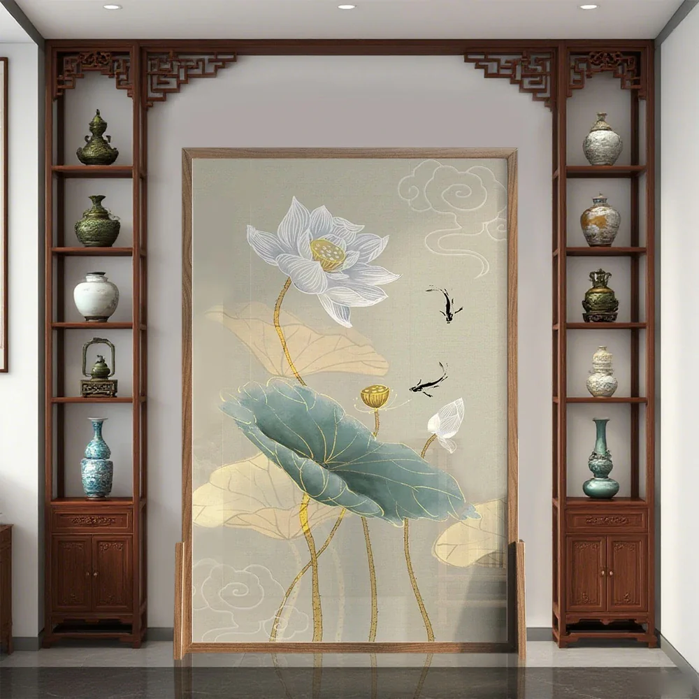 LIVARA Oriental Style Solid Wood Room Divider, Lotus & Fish Design, No Cutout, Ash Wood & Mongolian Pine Frame - Image 4