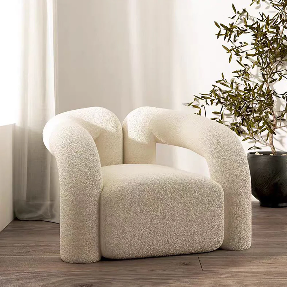 LIVARA EC1083 Minimalist Style Wooden Frame Lamb Wool Leisure Chair - Image 3
