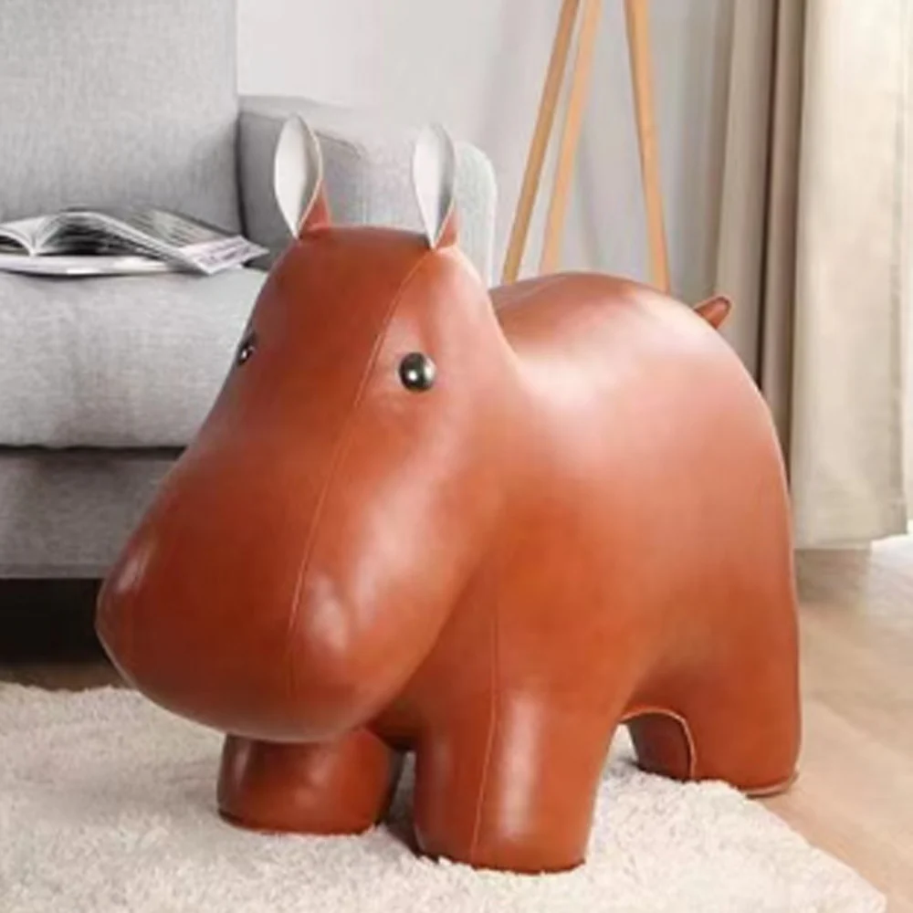 LIVARA EC1168 Cartoon Hippo Waxed Leather Solid Wood Leisure Chair - Image 2