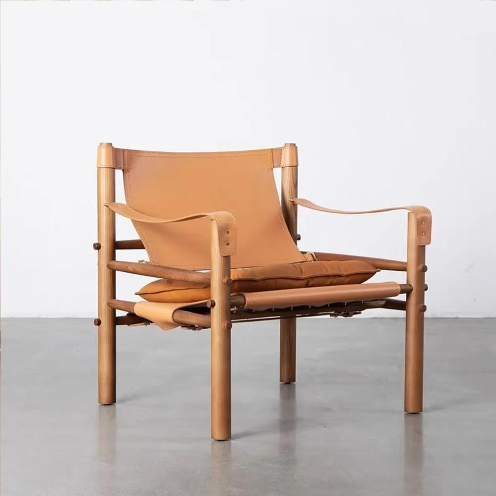 LIVARA EC1202 White Wax Wood Saddle Leather Leisure Chair - Image 3