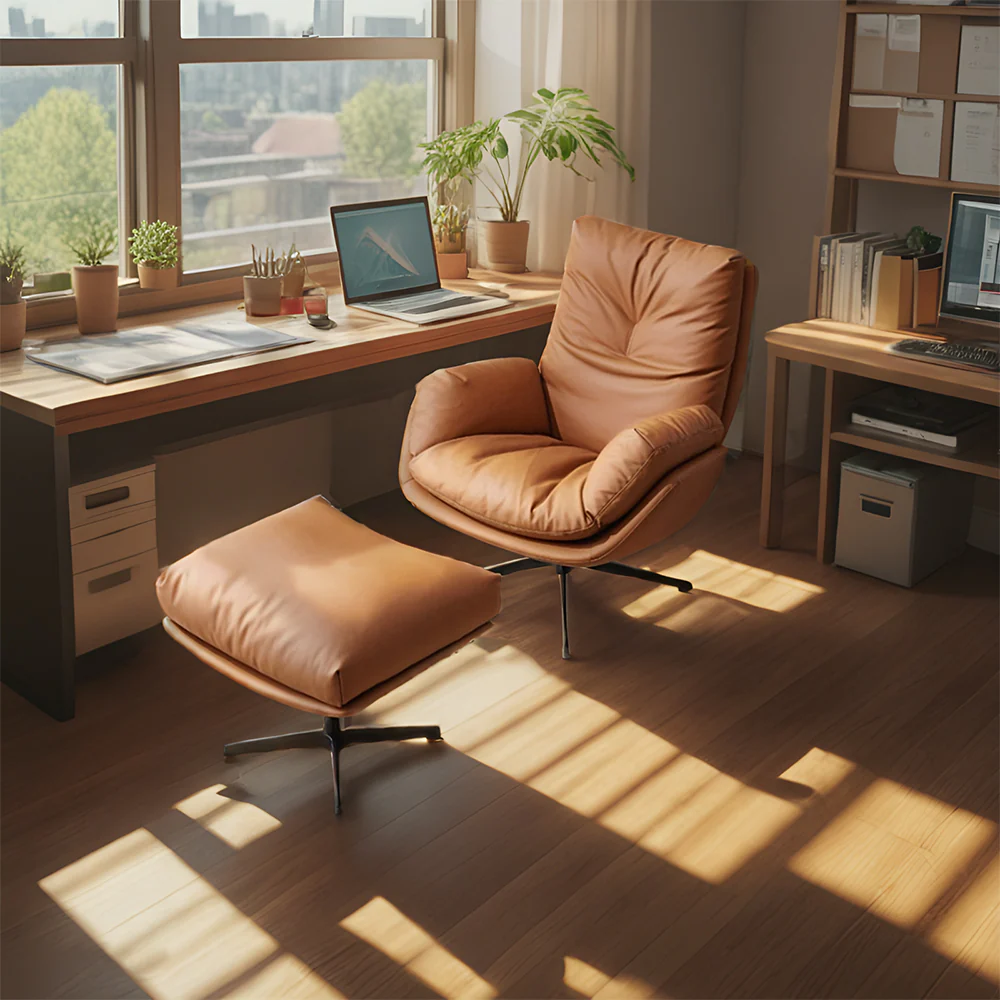 LIVARA EC1048 Microfiber Leather Fabric Leisure Chair With Footstool 360-degree Swivel - Brown - Image 3