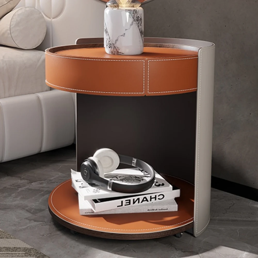 LIVARA NT1055  Multi-layer Plywood Saddle Leather Solid Wood Drawer Soft-Close Rails Bedside Table-Orange - Image 3
