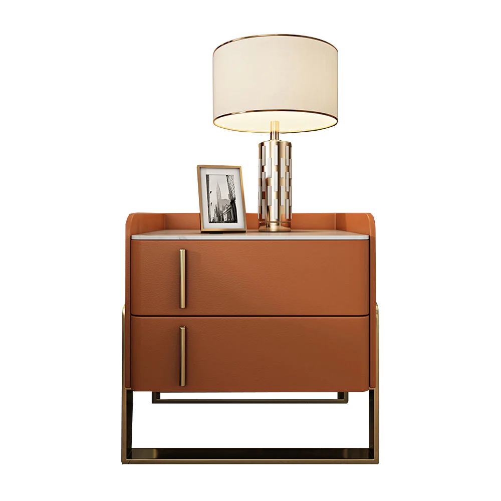 LIVARA NT1074 Modern Style Solid Wood Bedside Table with Sintered Stone Top - Orange