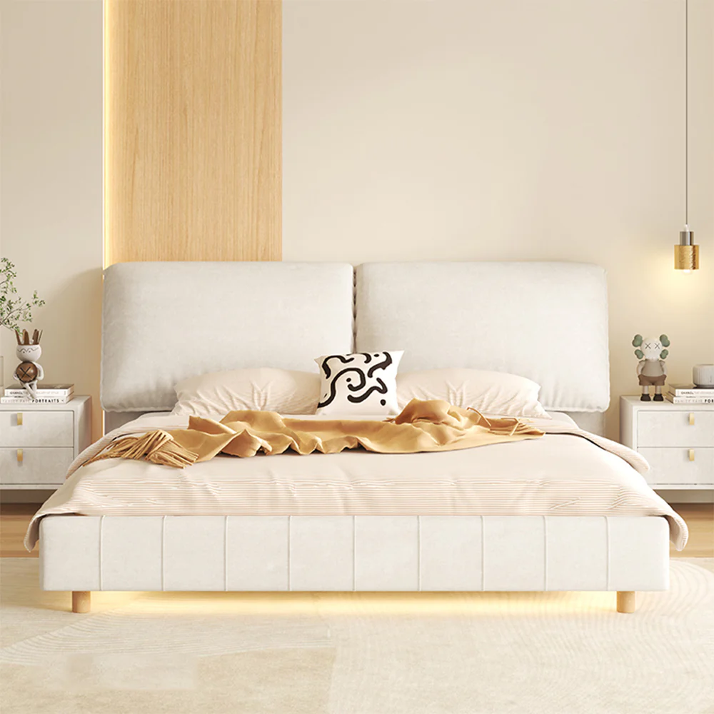 LIVARA SM1016 150/180cm Matte Fabric Sensor Light Bed With Two Bedside Tables - Beige - Image 2
