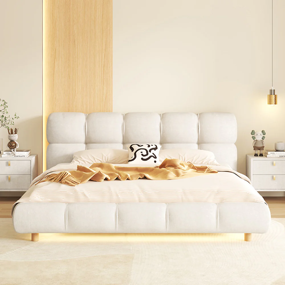 LIVARA SM1018 150/180cm Matte Fabric Sensor Light Bed With Two Bedside Tables - Beige - Image 2