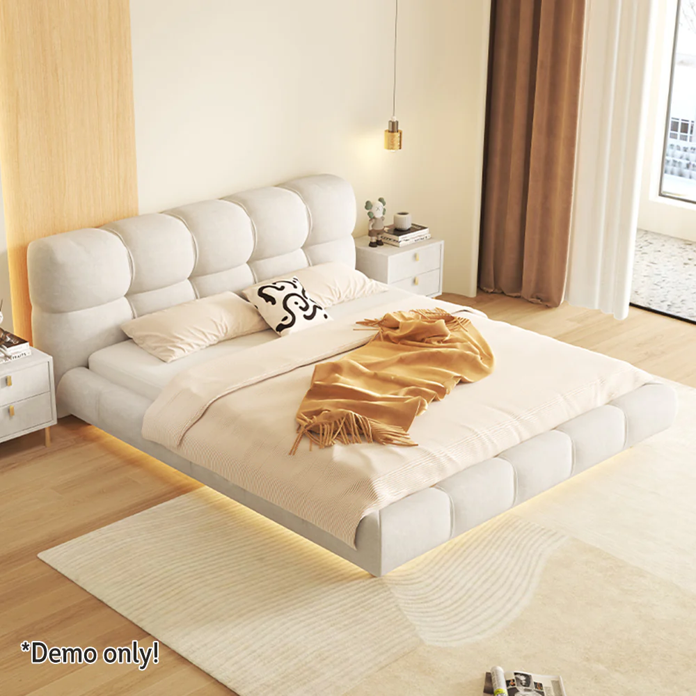 LIVARA SM1018 150/180cm Matte Fabric Sensor Light Bed With Two Bedside Tables - Beige - Image 3