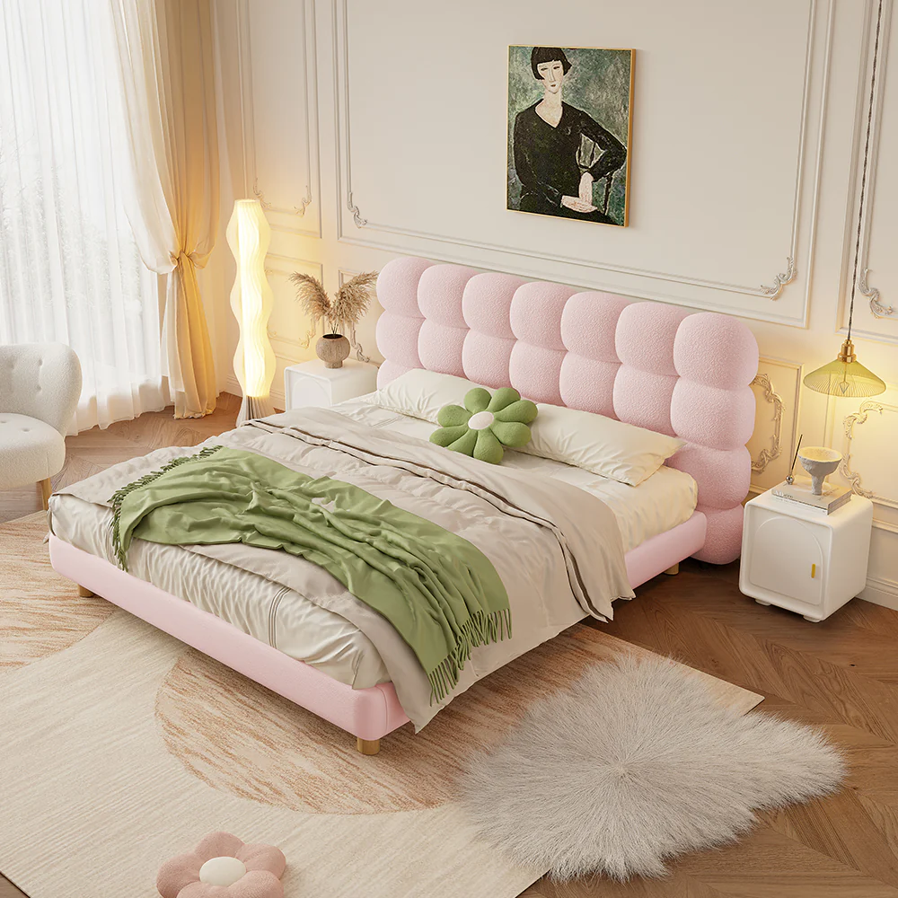 LIVARA Lazy Style 1031 Solid Wood Frame 150-180cm Double Bed - Pink - Image 4