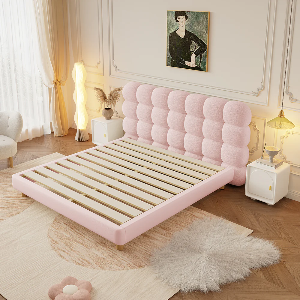 LIVARA Lazy Style 1031 Solid Wood Frame 150-180cm Double Bed - Pink - Image 5