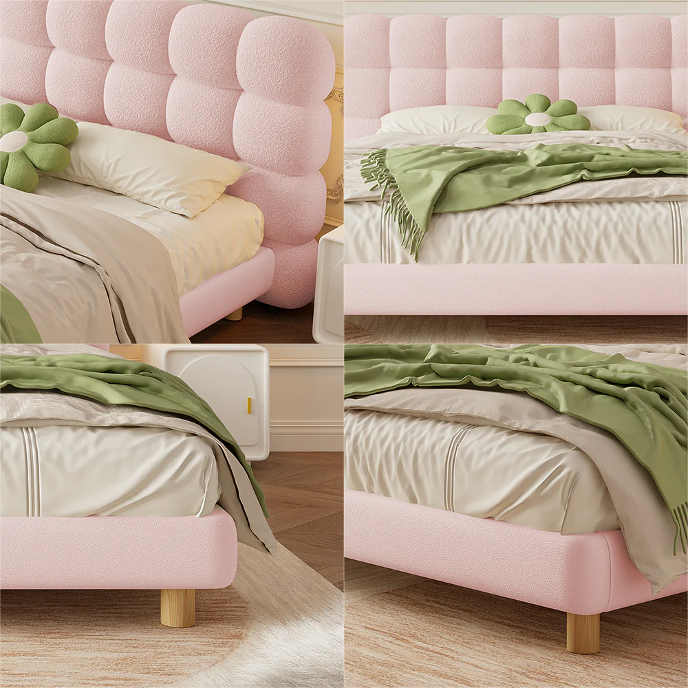 LIVARA Lazy Style 1031 Solid Wood Frame 150-180cm Double Bed - Pink - Image 6
