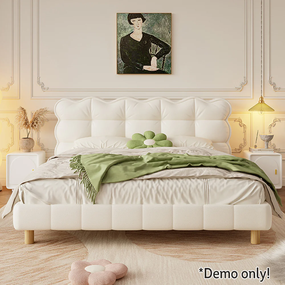 LIVARA SM1032 150/180cm Cat Claw Leather Fabric Bed With Bedside Tables Solid Wood Frame - Beige - Image 3