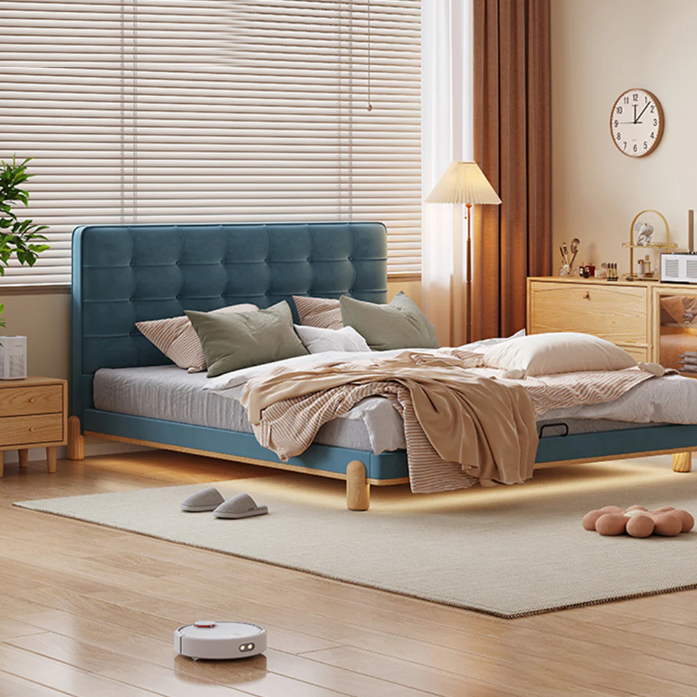 LIVARA SM1055 150/180cm Length Baby Velvet Fabric Bed With Two Bedside Tables - Blue - Image 2