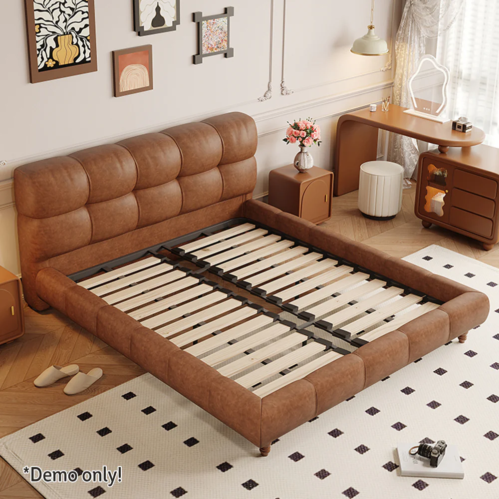 LIVARA Model-1063 150cm/180cm Waxed Leather Fabric Bed Solid Wood Frame - Image 3